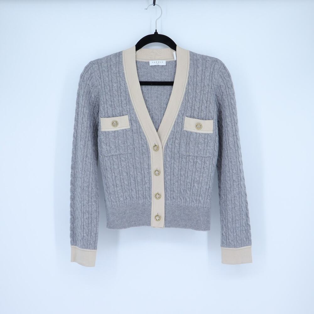 Sandro Jane Cable Knit Sweater Gray and Tan Cashmere Wool Women's 0/US XS